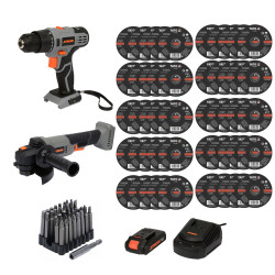 PACK PERCEUSE,MEULEUSE ANGLE SANS FIL125mm BATTERIE,CHARGEUR+50 DISQUES+EMBOUTS