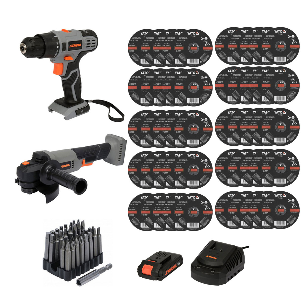 PACK PERCEUSE,MEULEUSE ANGLE SANS FIL125mm BATTERIE,CHARGEUR+50 DISQUES+EMBOUTS